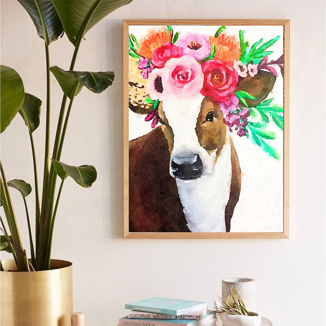 Digital Watercolour Artwork – Floral Cow - The Ombre Studio